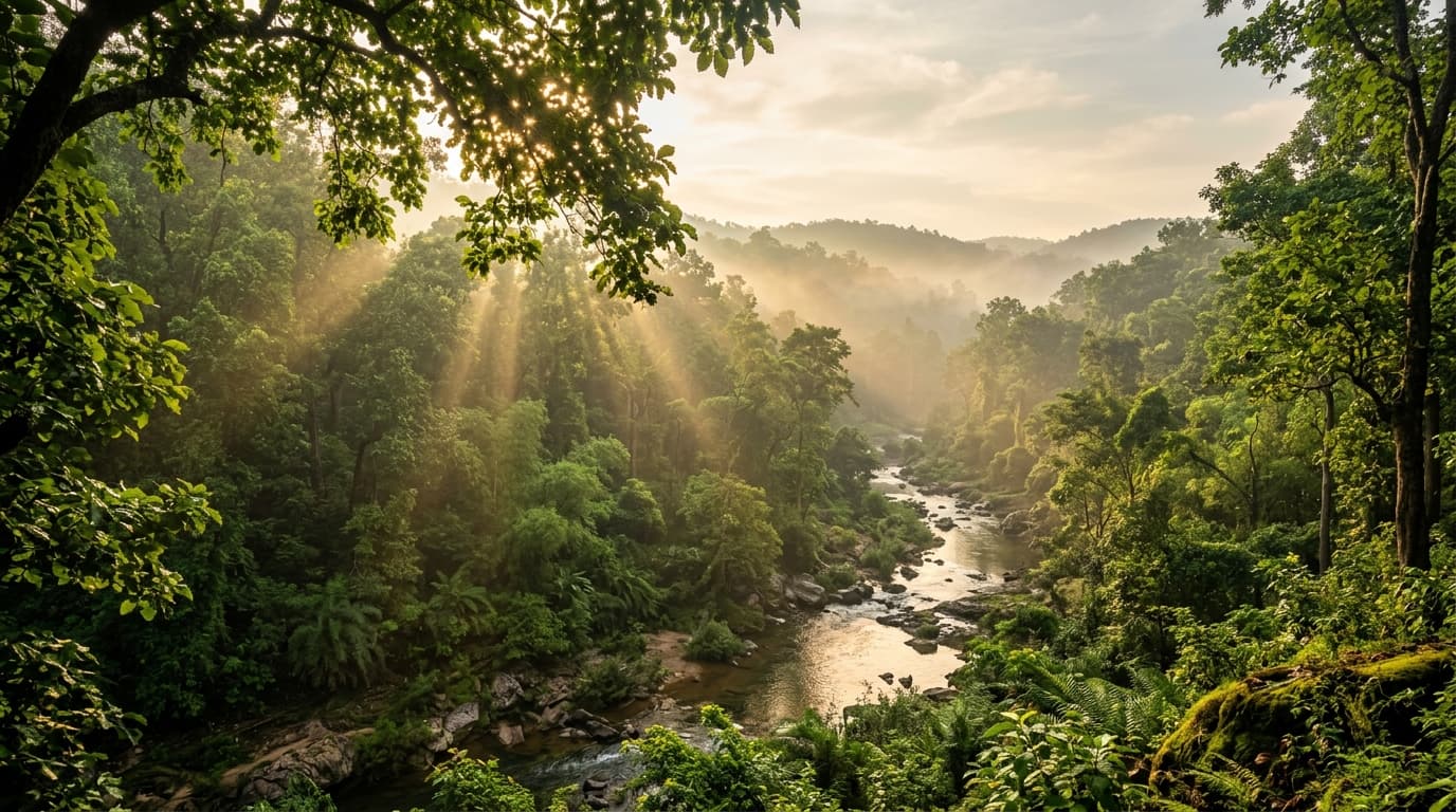 Lush green forest canopy of Jharkhand with morning sunlight
