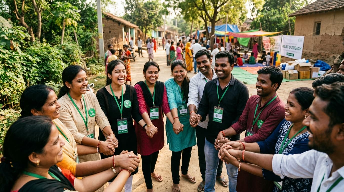 Volunteers joining hands in community solidarity